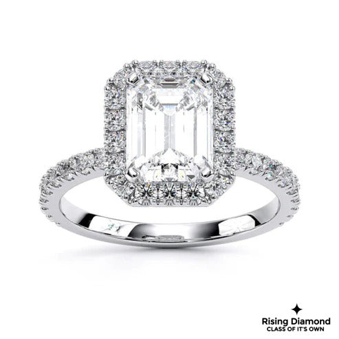1.58 Ct Emerald Cut F-VS2 Lab Grown Diamond Halo Engagement Ring