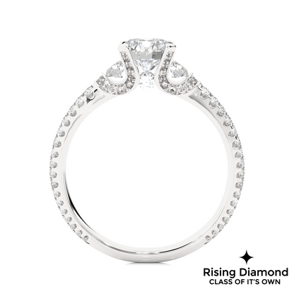 1.31 Ct Round Cut Colorless Moissanite Three Stone Engagement Ring With Double Pave Shank