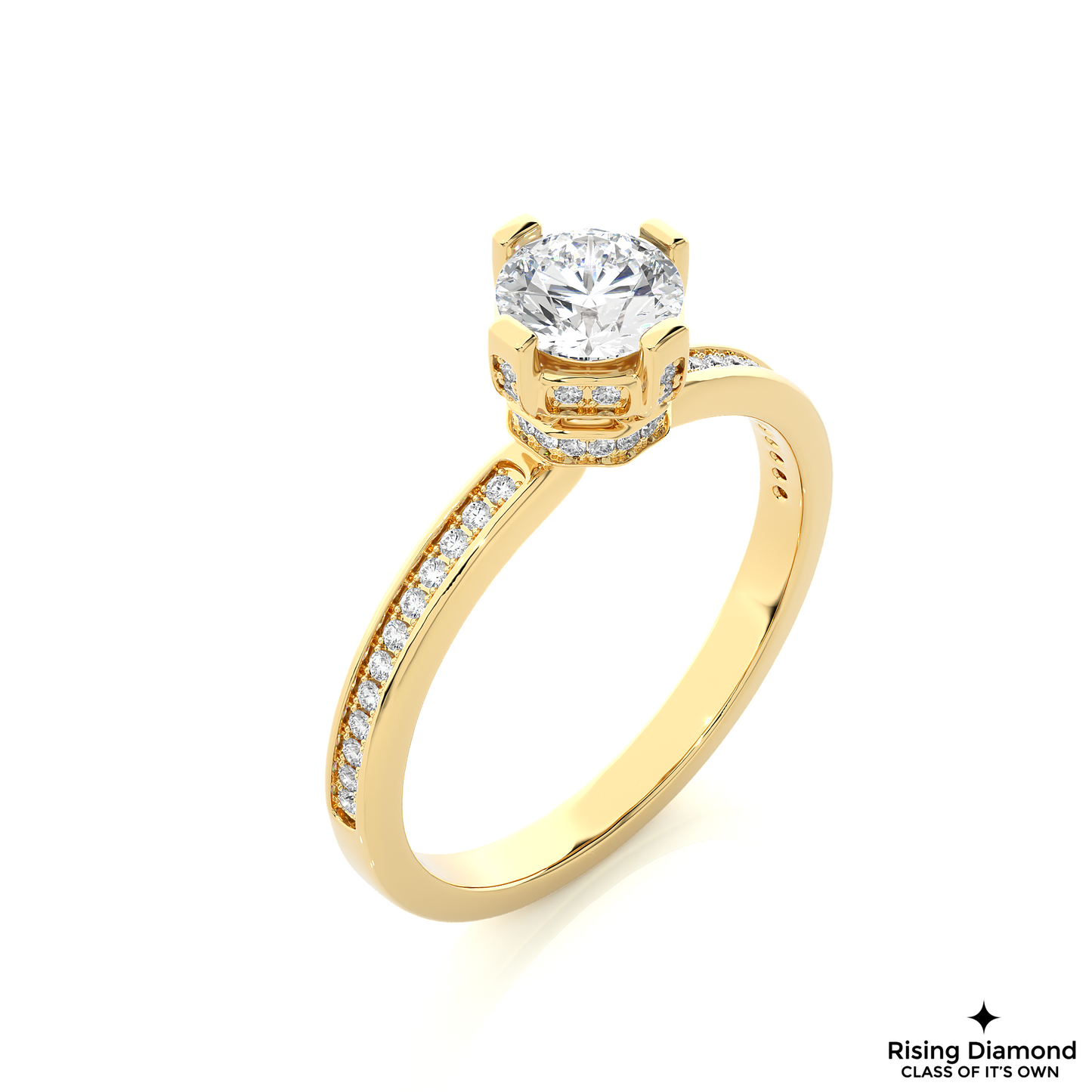 0.75 CT Round Cut Lab Diamond Engagement Ring in Hidden Halo Setting With Pave Shank