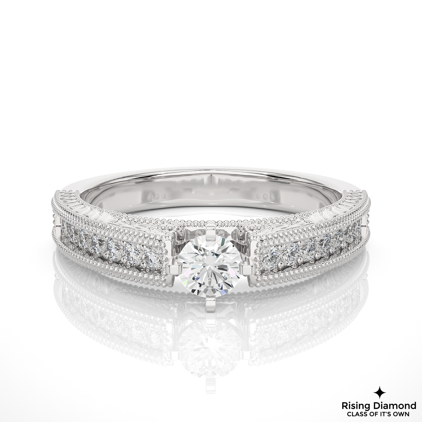 0.65 CT Round Cut Lab Grown Diamond Engagement Ring With Chanel Setting in mil-Grain Shank