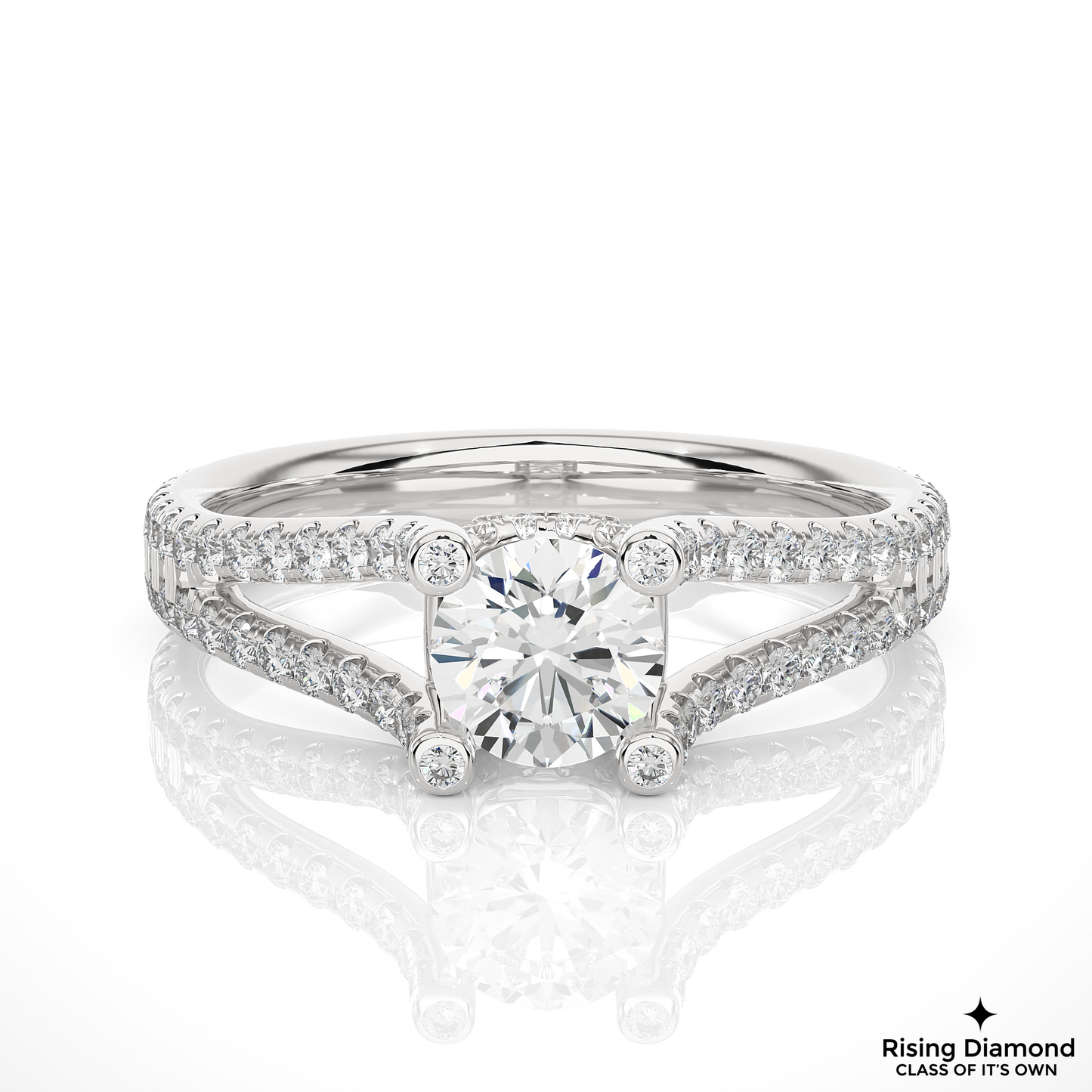 0.89 CT Round Cut Lab Created Diamond Engagement Ring in Split Shank With Pave Setting