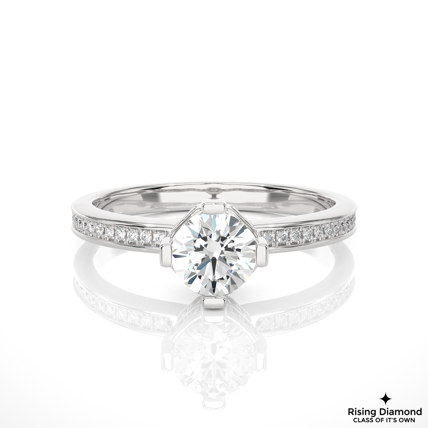 0.75 CT Round Cut Lab Diamond Engagement Ring in Hidden Halo Setting With Pave Shank
