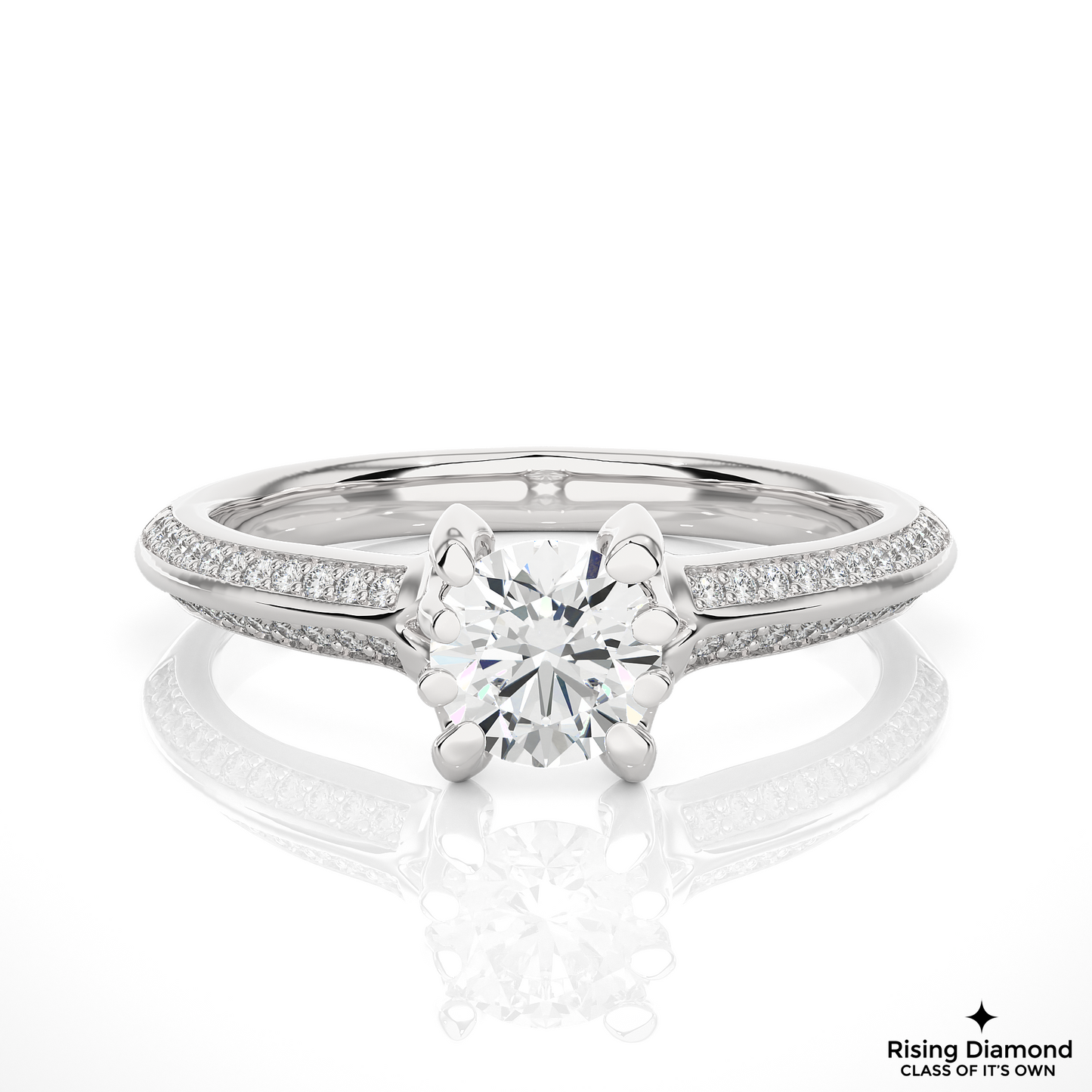 0.98 CT Round Cut Lab Grown Diamond Engagement Ring in Knife Edge Shank With Pave Setting