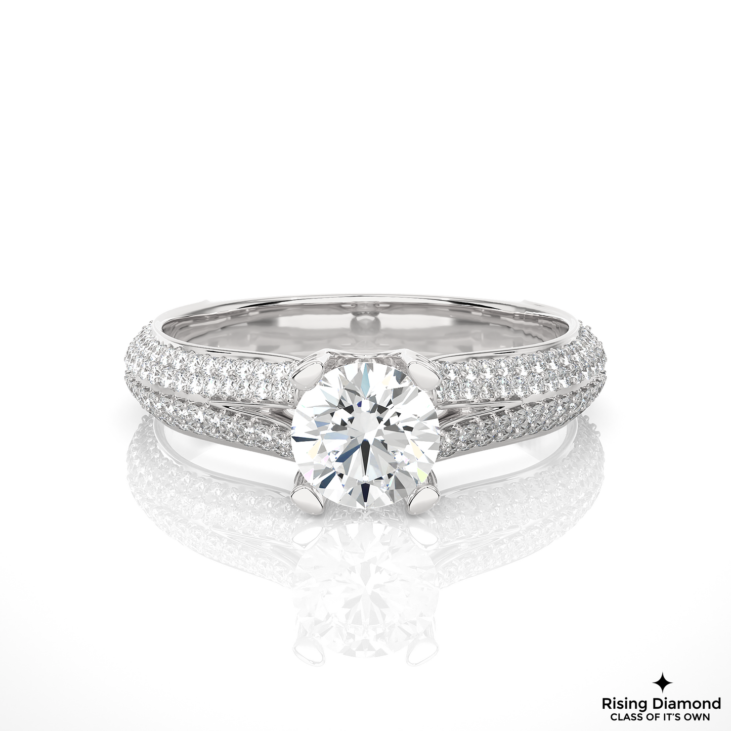 1.09 CT Round Cut Lab Created Diamond Engagement Ring in Split Shank With Double Pave Setting