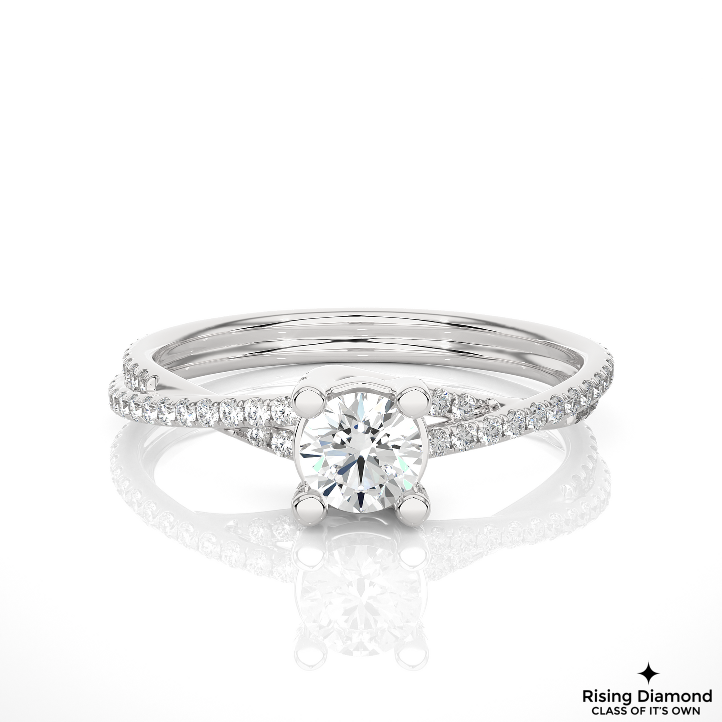 1.01 CT Round Cut Lab Diamond Engagement Ring in Bypass Shank With Pave Setting