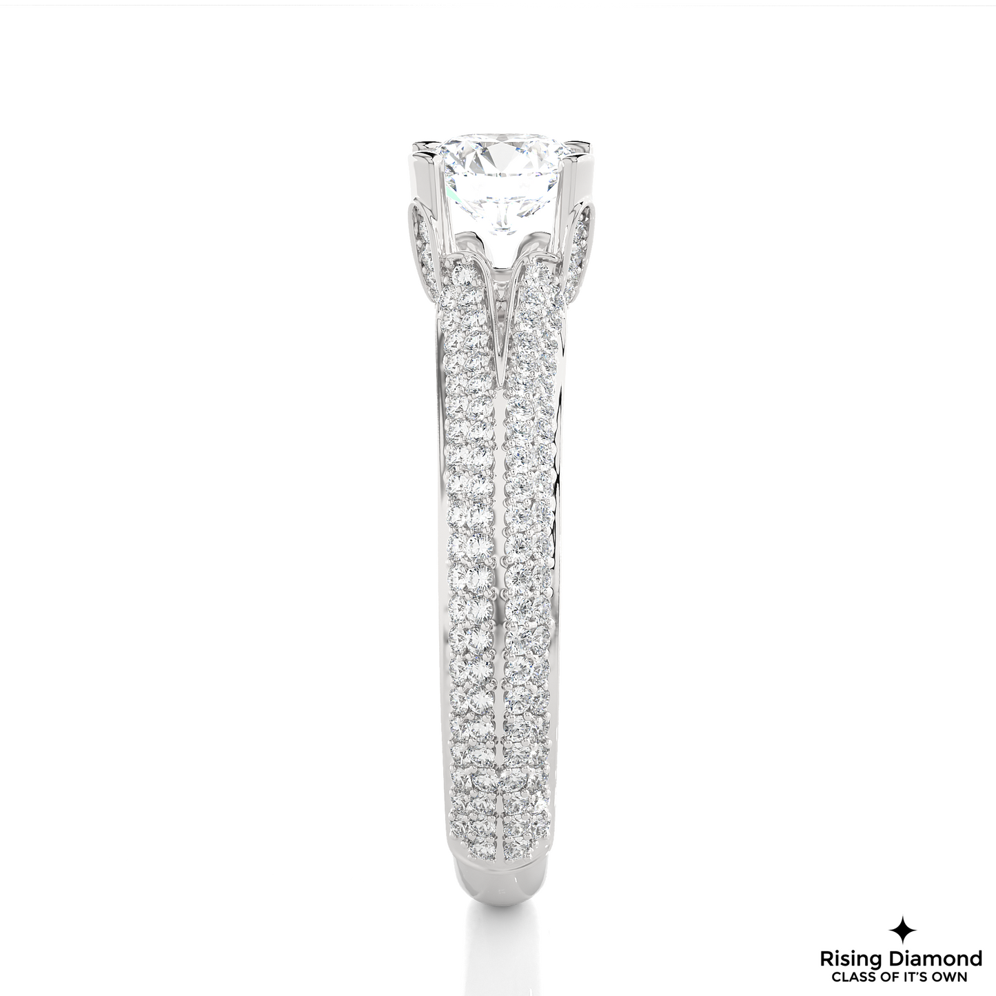 1.09 CT Round Cut Lab Grown Diamond Engagement Ring in Split Shank With Double Pave Setting