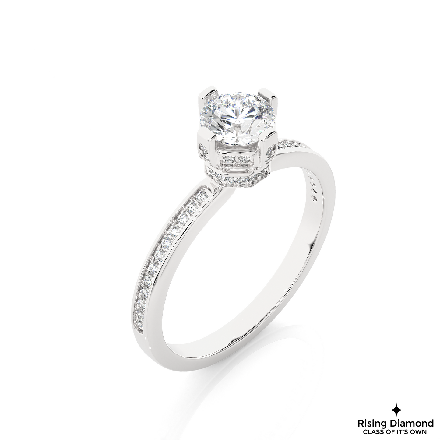 1.01 CT Round Cut Lab Diamond Engagement Ring in Hidden Halo Setting With Pave Shank