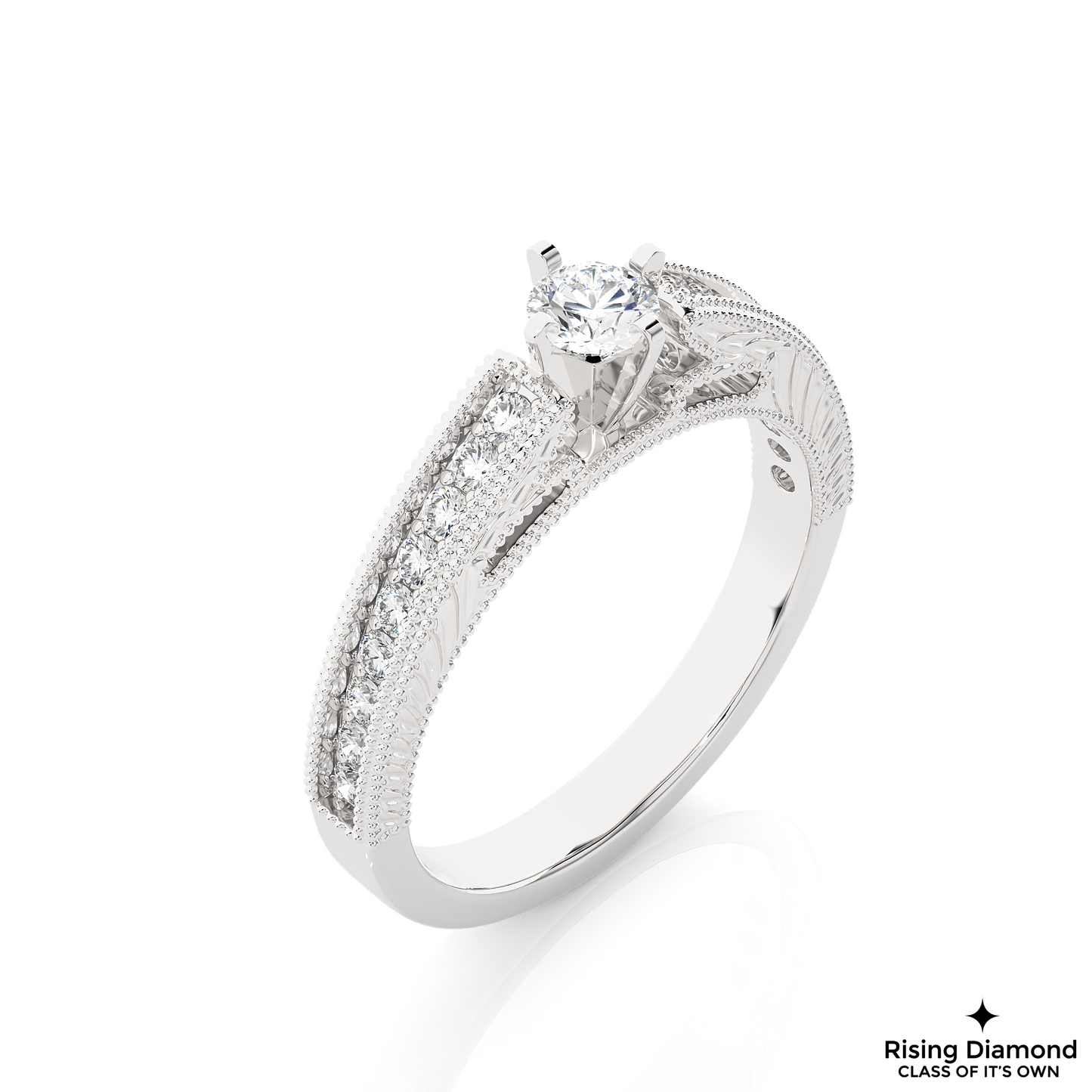 1.01 CT Round Cut Lab Grown Diamond Engagement Ring With Chanel Setting in mil-Grain Shank